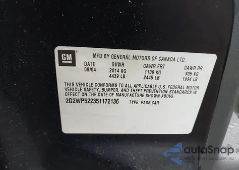 2005 Pontiac Grand Prix from USA, damaged, VIN 2G2WP522351172136